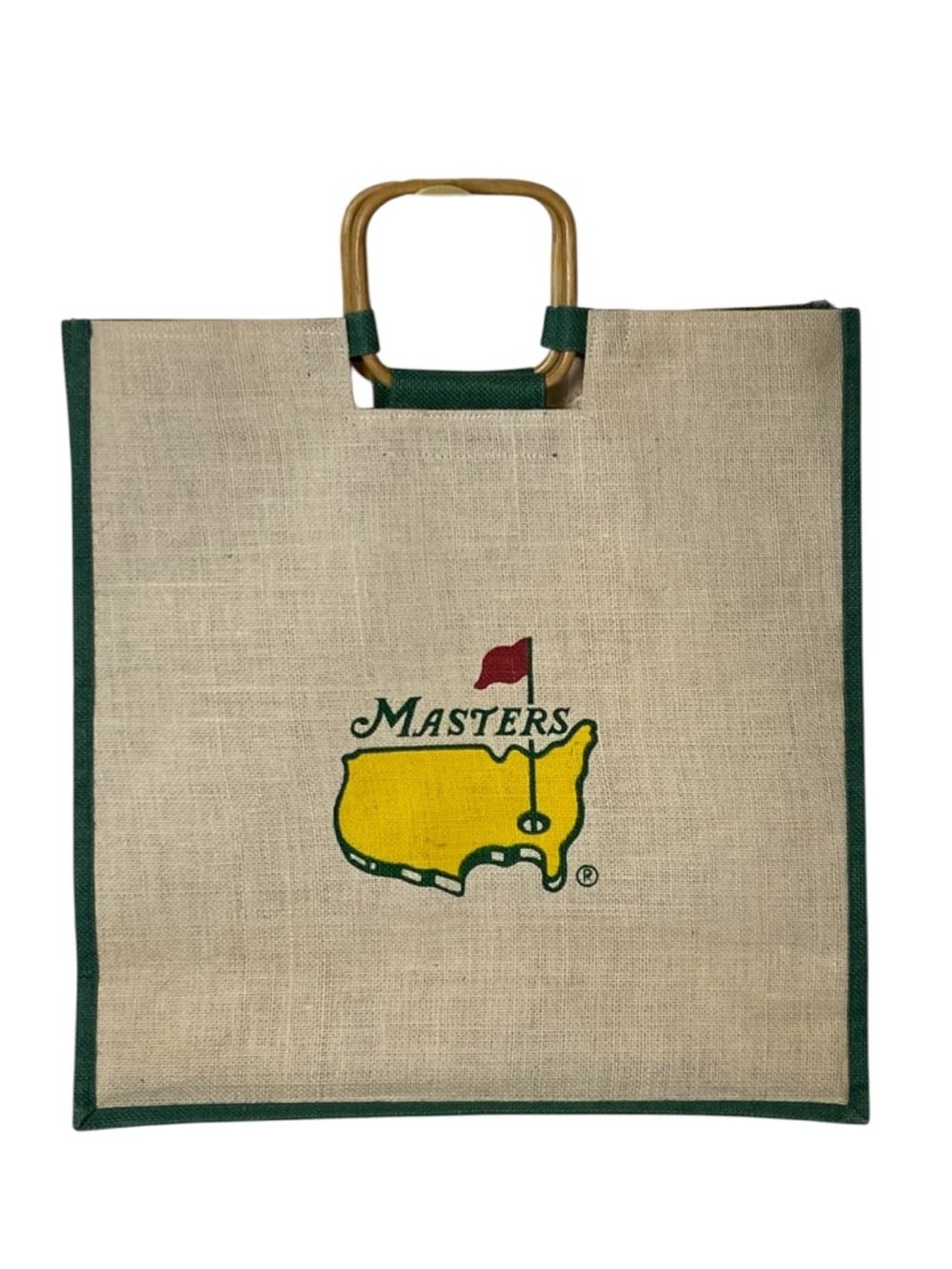 NWOT Vintage Masters Golf Logo Burlap Tote with Green Trim & Bamboo Handles ~ 2